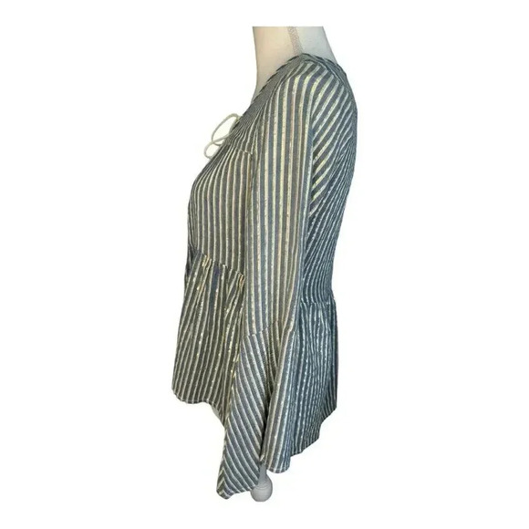 Altar'd State Women’s Medium Blue & Gold Striped Bell Sleeve Blouse with Tassels - Picture 2 of 7